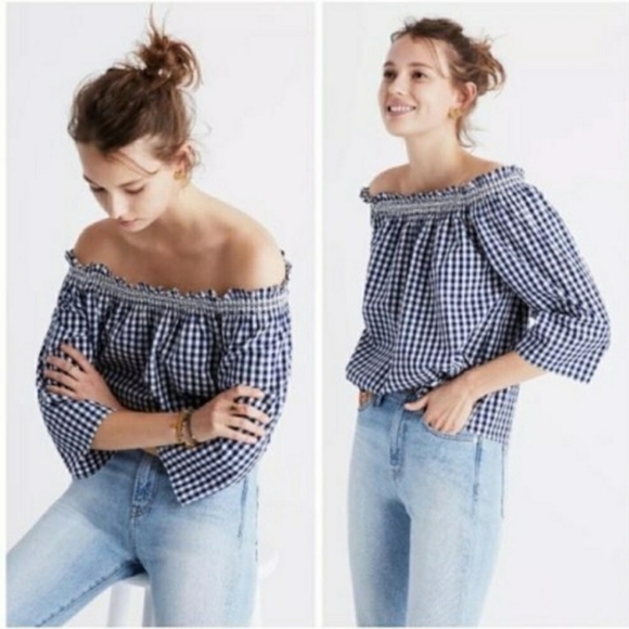 Madewell Tops - Madewell Smocked Gingham Off Shoulder Cropped Top Blue White Size Small